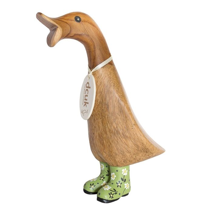 DCUK Natural Finish Duckling with Floral Welly Boots-Green-1